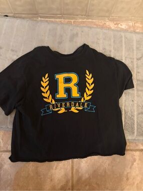 Riverdale Black Graphic Crop Top with Gold & Blue Emblem